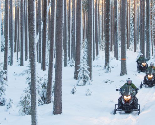 Scheuren door de sneeuw op een sneeuwscooter - Granö Beckasin